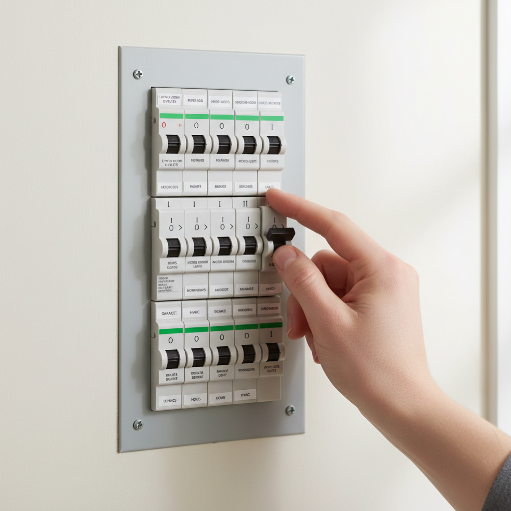 Hand resetting a tripped circuit breaker for an air conditioner in a home's electrical panel