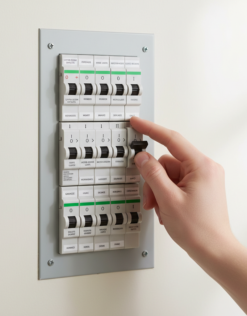 Hand resetting a tripped circuit breaker for an air conditioner in a home's electrical panel