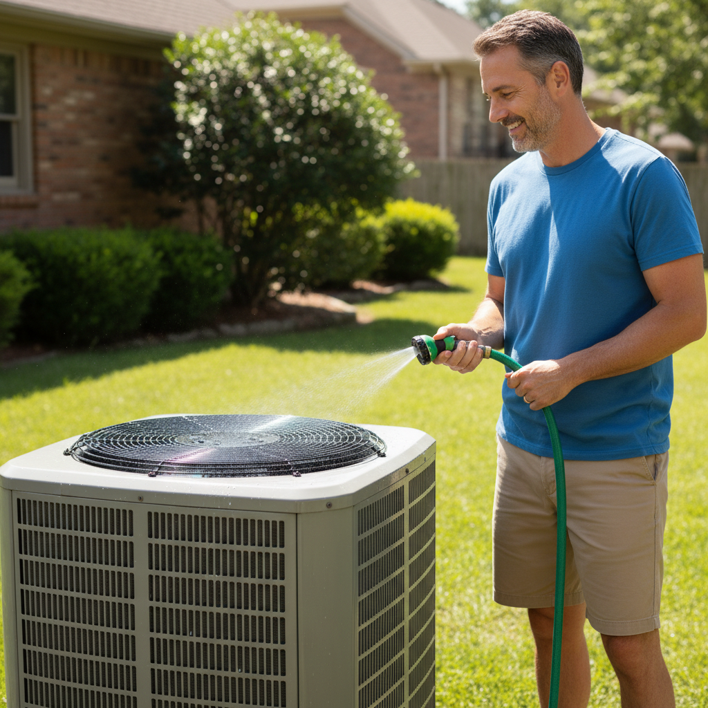 Homeowner cleaning outdoor AC condenser coils with a garden hose to fix a non-cooling AC.