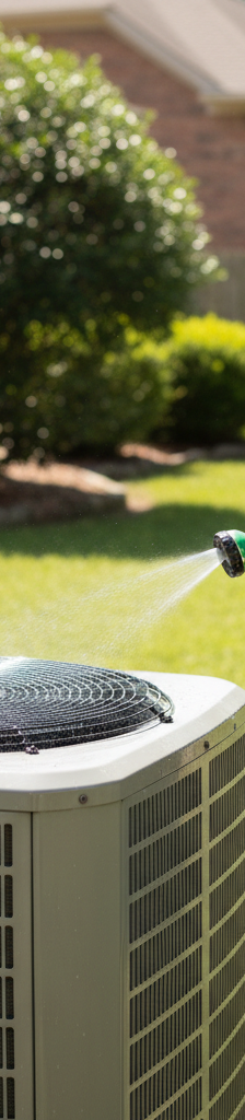 Homeowner cleaning outdoor AC condenser coils with a garden hose to fix a non-cooling AC.
