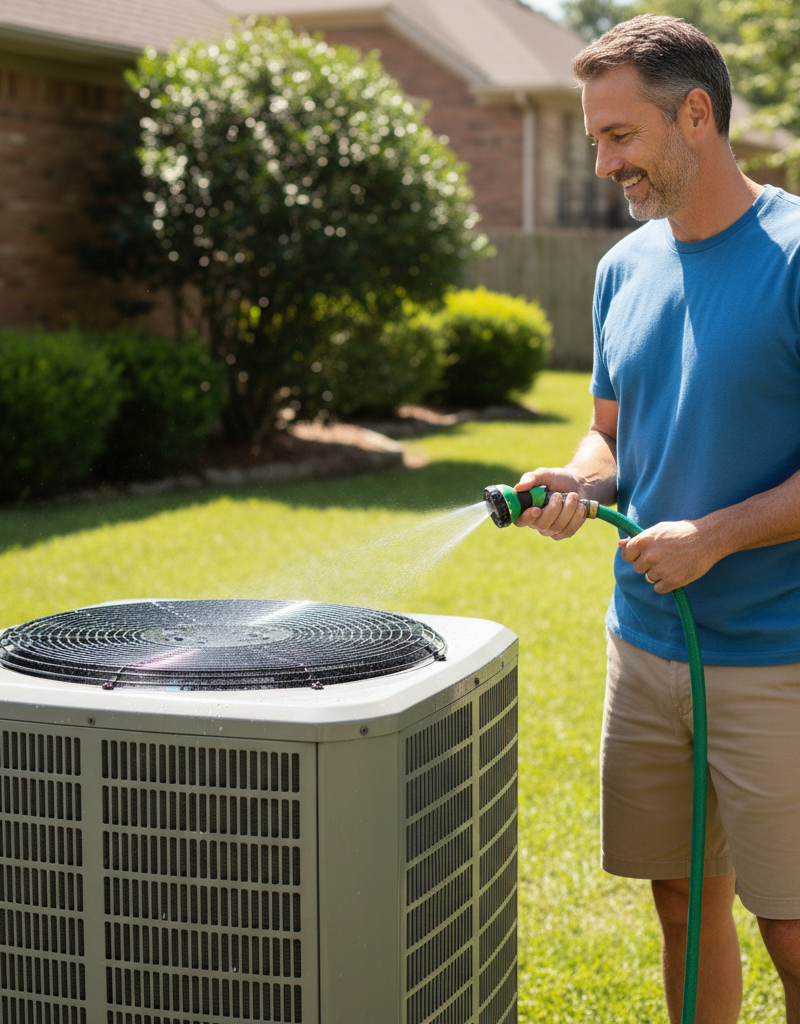 Homeowner cleaning outdoor AC condenser coils with a garden hose to fix a non-cooling AC.