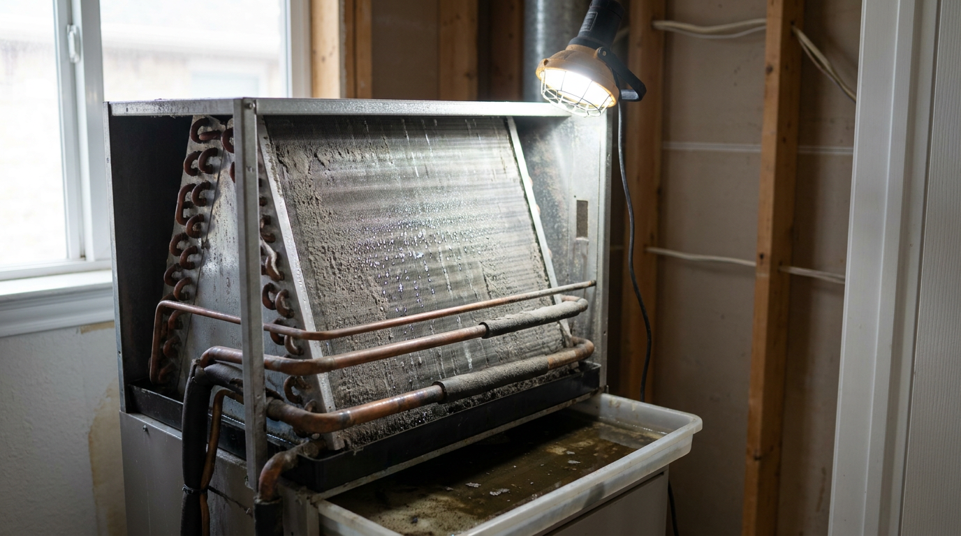 Air conditioner indoor evaporator coil showing dust and moisture buildup inside air handler cabinet