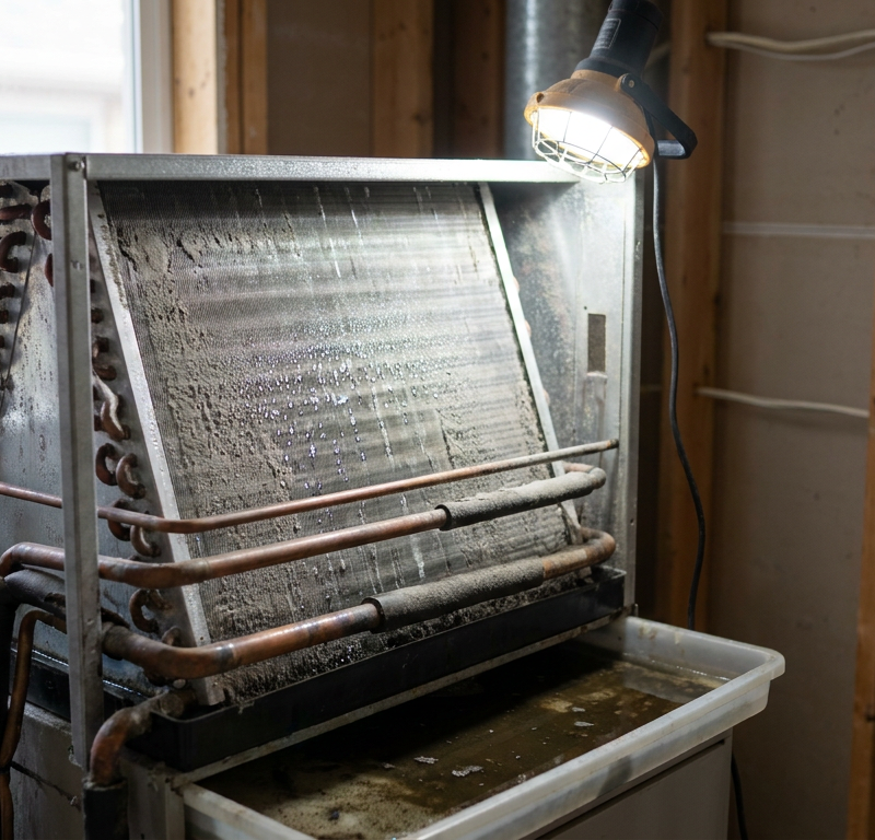 Air conditioner indoor evaporator coil showing dust and moisture buildup inside air handler cabinet