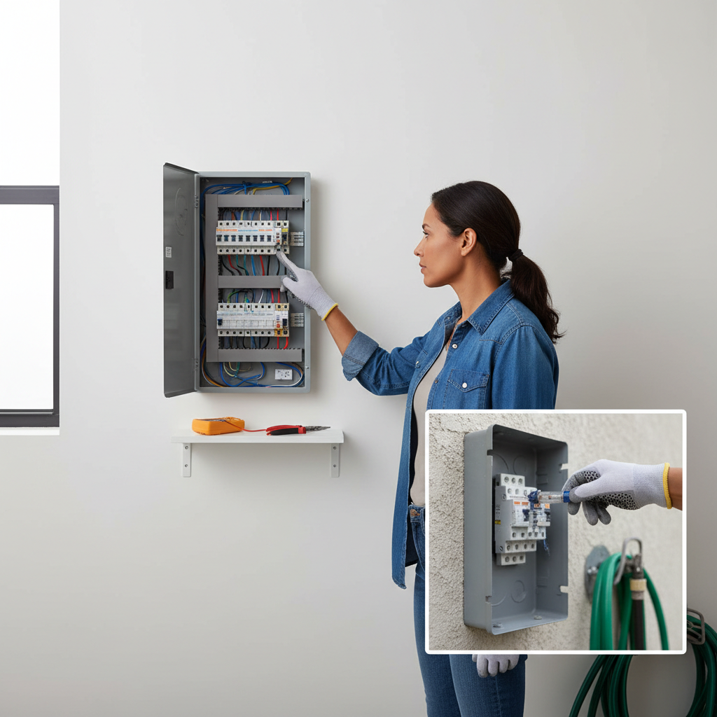 Homeowner identifying and resetting a tripped AC circuit breaker in electrical panel, checking outdoor disconnect