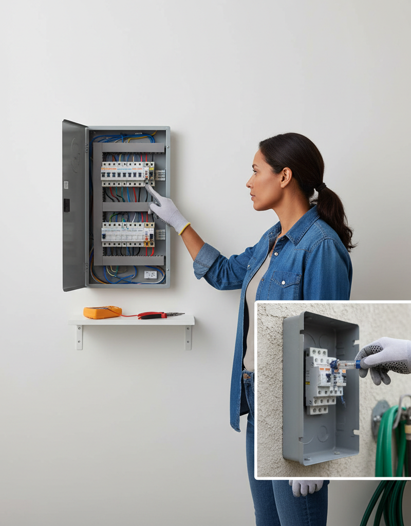 Homeowner identifying and resetting a tripped AC circuit breaker in electrical panel, checking outdoor disconnect