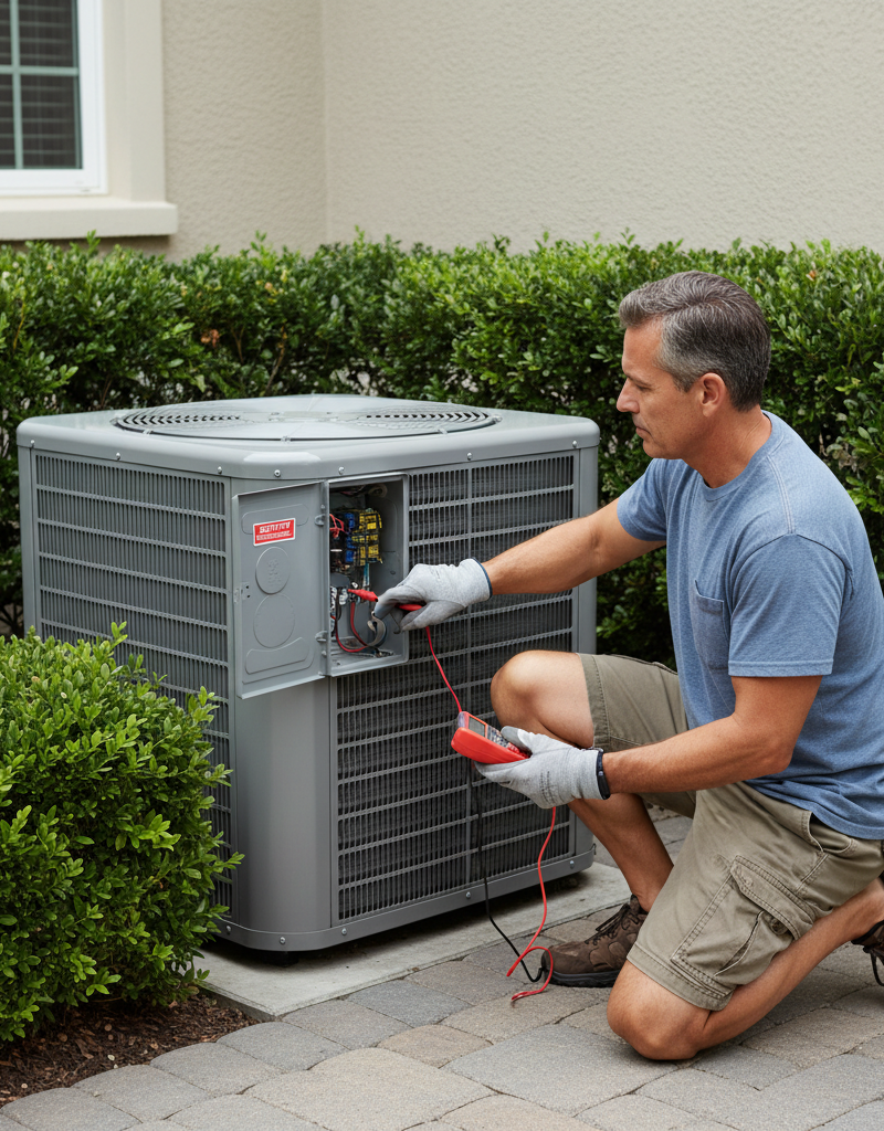 Homeowner troubleshooting an outdoor AC unit with a multimeter and pointing to a disconnect switch.