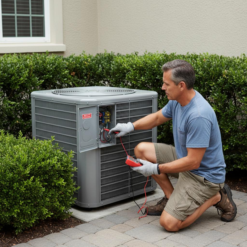 Homeowner troubleshooting an outdoor AC unit with a multimeter and pointing to a disconnect switch.