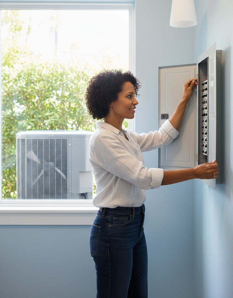 Homeowner troubleshooting AC by checking a circuit breaker in an electrical panel.