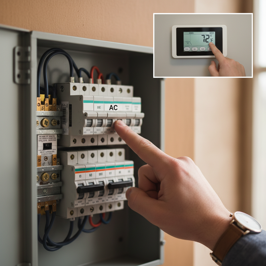 Homeowner checking a circuit breaker panel and a digital thermostat to troubleshoot an AC unit that won't turn on.
