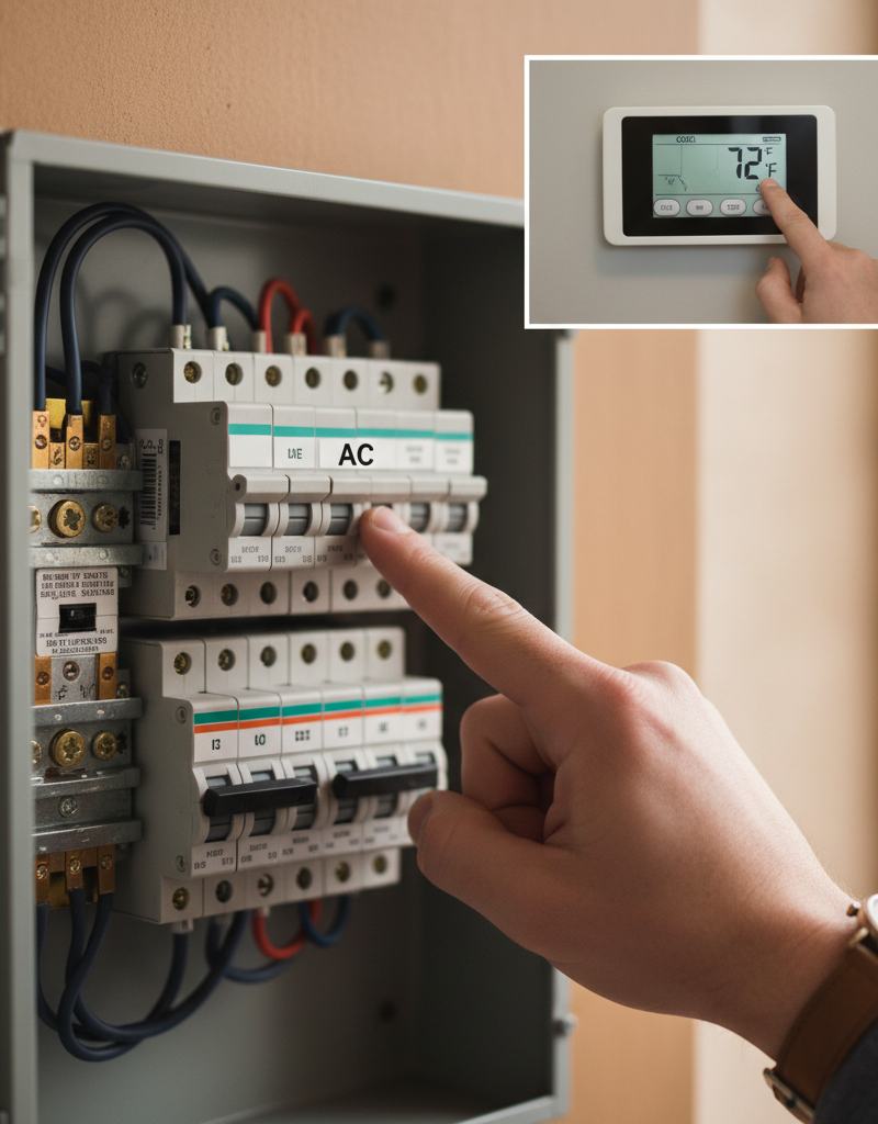 Homeowner checking a circuit breaker panel and a digital thermostat to troubleshoot an AC unit that won't turn on.
