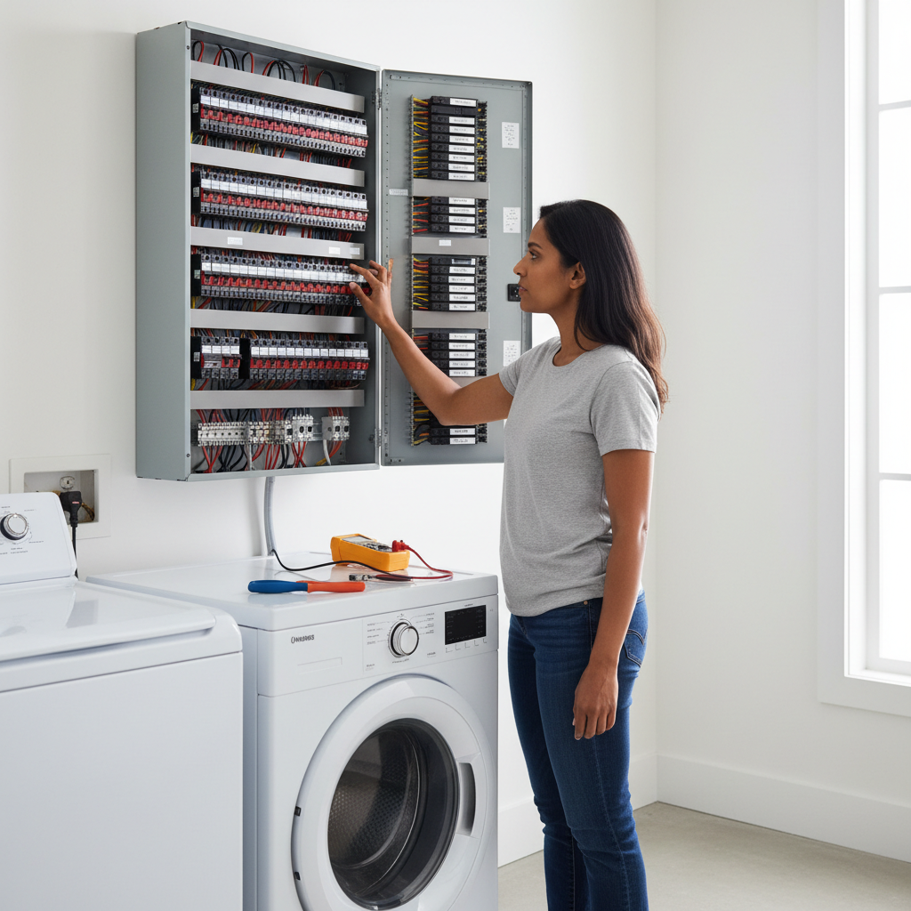 Homeowner troubleshooting air conditioner by checking a tripped circuit breaker in an electrical panel.