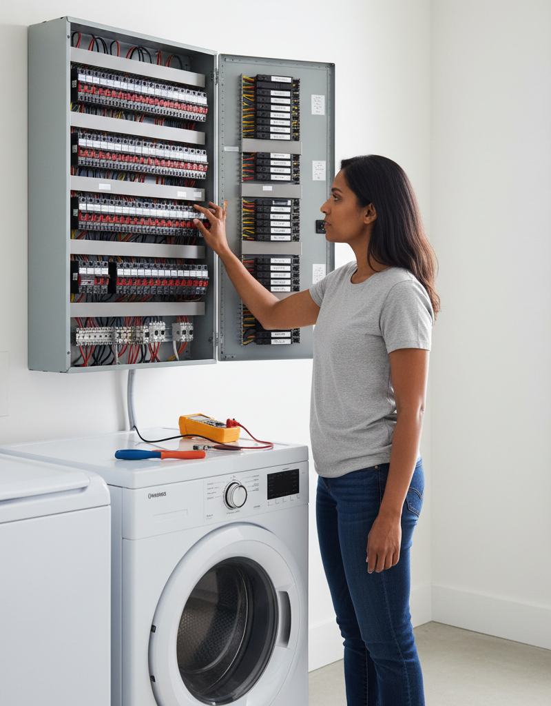 Homeowner troubleshooting air conditioner by checking a tripped circuit breaker in an electrical panel.
