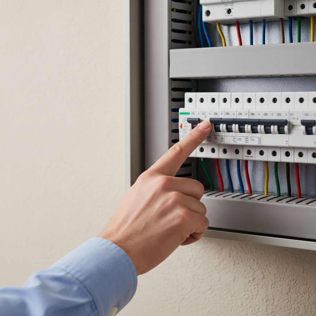 Homeowner's hand pointing to a tripped circuit breaker in an electrical panel, troubleshooting an AC unit that won't turn on.