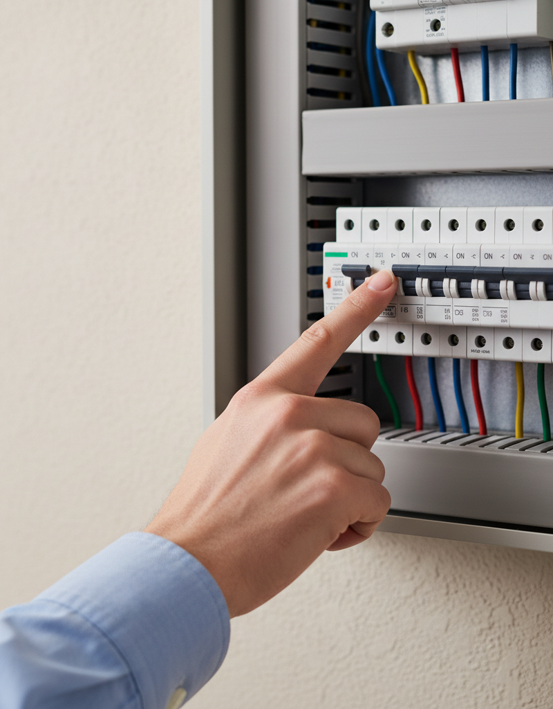 Homeowner's hand pointing to a tripped circuit breaker in an electrical panel, troubleshooting an AC unit that won't turn on.