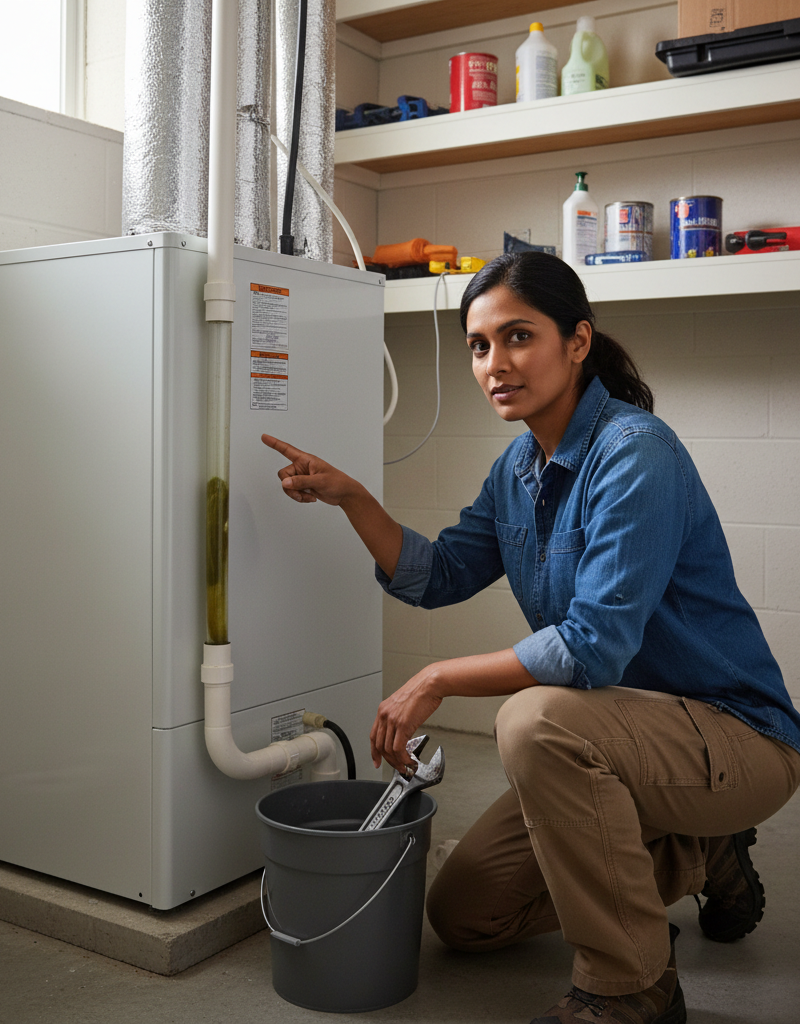Homeowner inspecting a clogged AC condensate drain line on an indoor air handler unit
