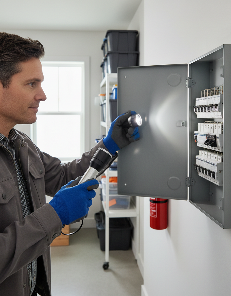 Homeowner troubleshooting an AC unit by checking a tripped circuit breaker in an electrical panel.