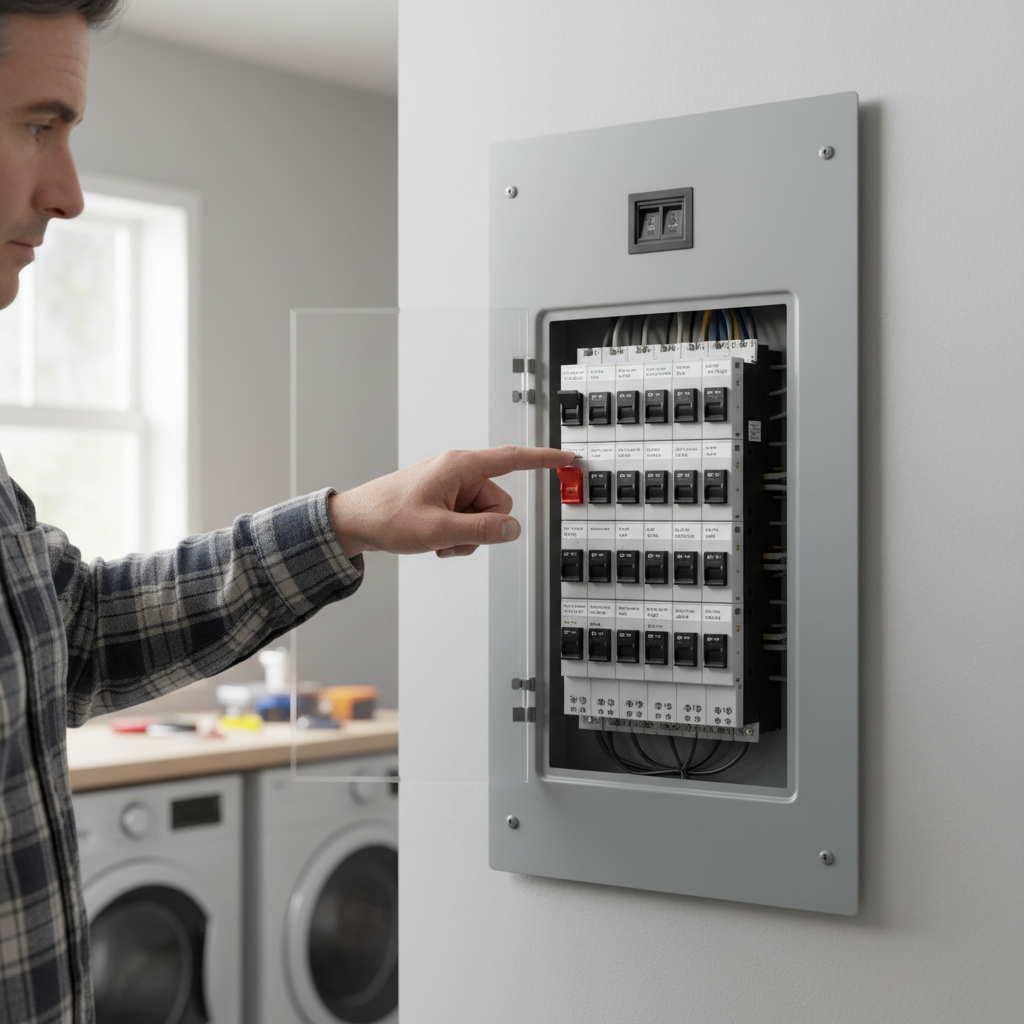 Homeowner inspecting a tripped circuit breaker in an electrical panel, troubleshooting why their AC won't turn on.