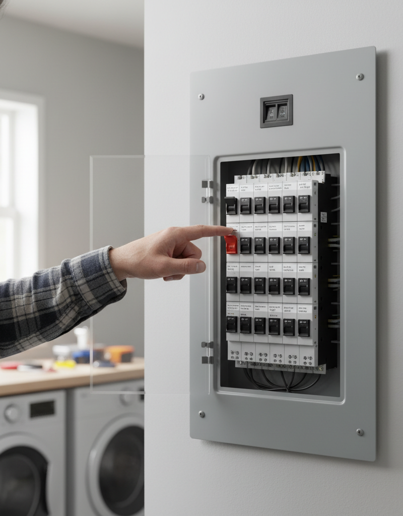 Homeowner inspecting a tripped circuit breaker in an electrical panel, troubleshooting why their AC won't turn on.