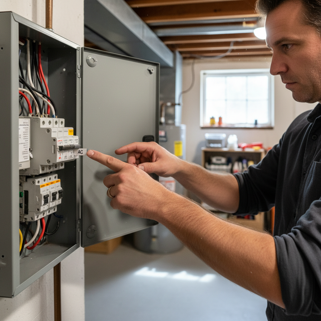Homeowner troubleshooting an AC unit by checking a tripped circuit breaker in an electrical panel.