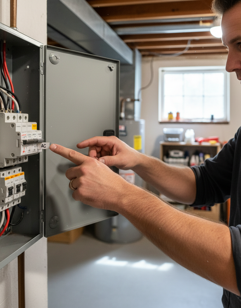 Homeowner troubleshooting an AC unit by checking a tripped circuit breaker in an electrical panel.