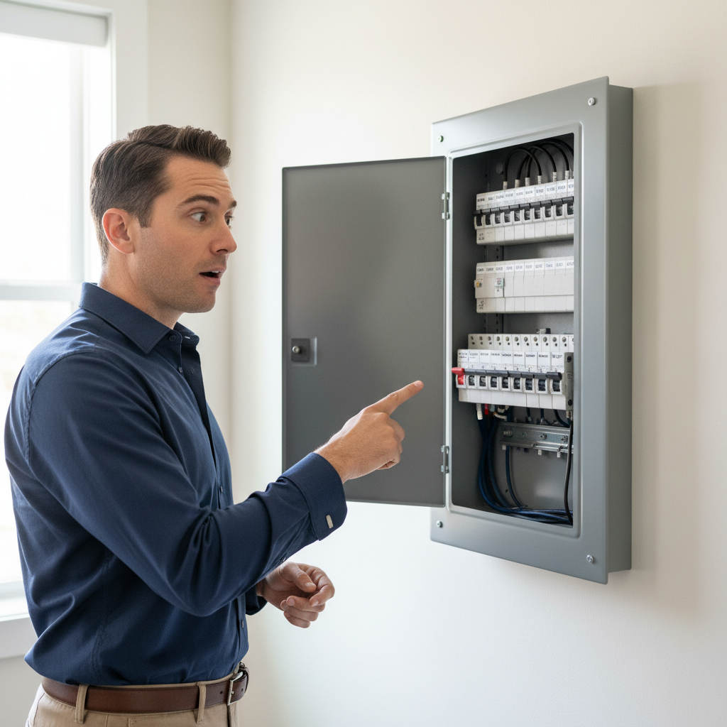 Homeowner identifying a tripped circuit breaker in an electrical panel after their air conditioner failed to turn on.