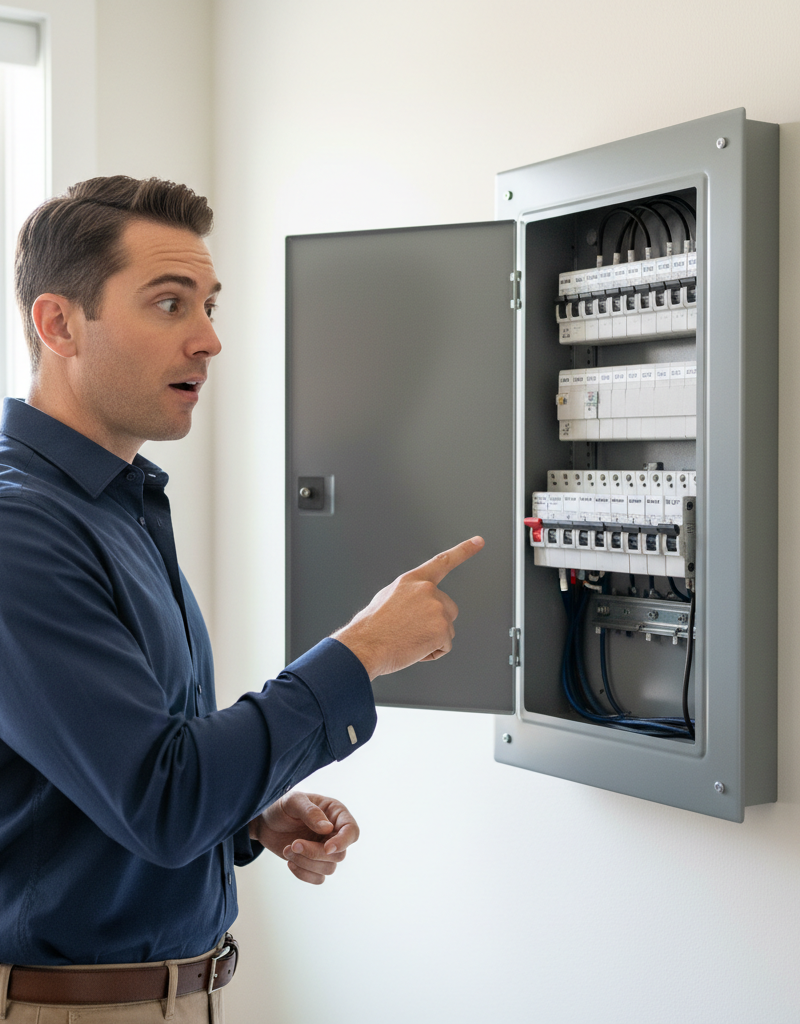 Homeowner identifying a tripped circuit breaker in an electrical panel after their air conditioner failed to turn on.
