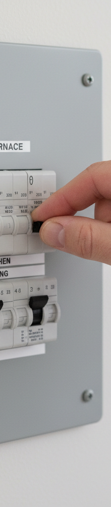 Homeowner's hand resetting a tripped AC circuit breaker in an electrical panel.