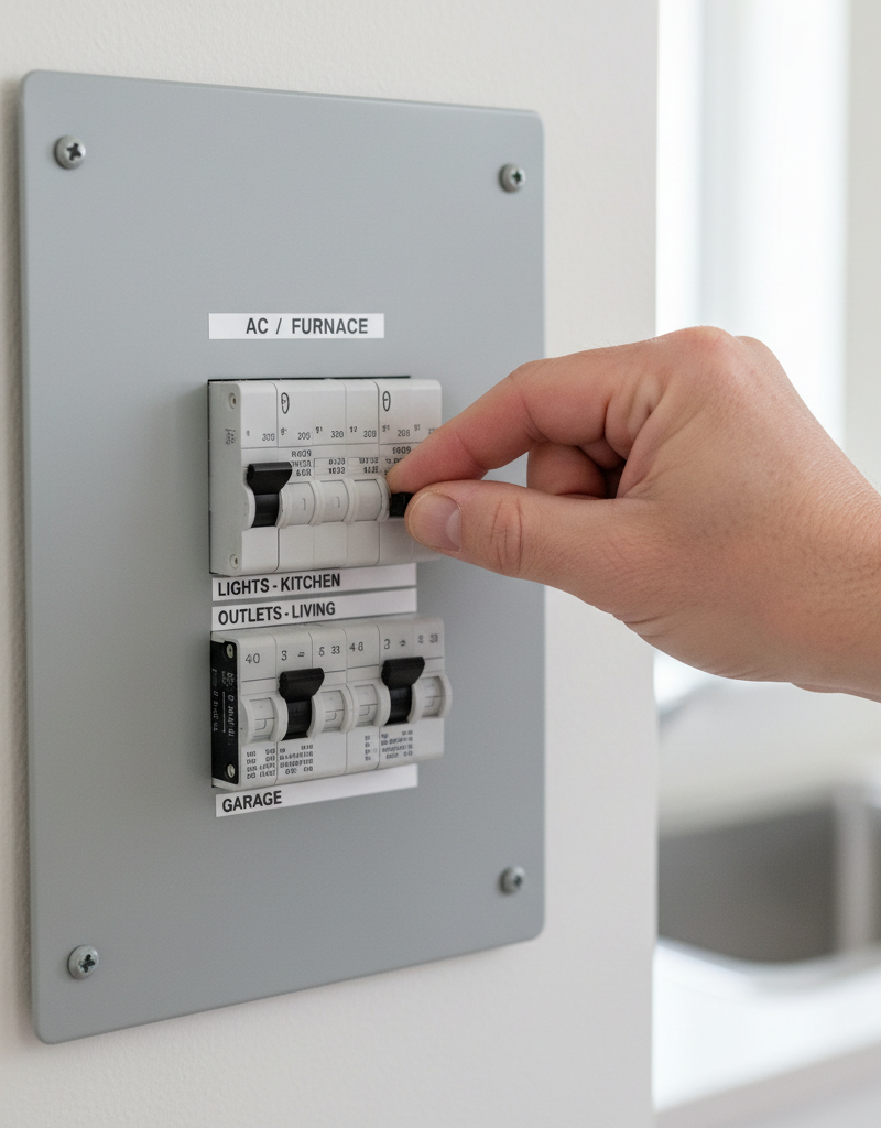 Homeowner's hand resetting a tripped AC circuit breaker in an electrical panel.