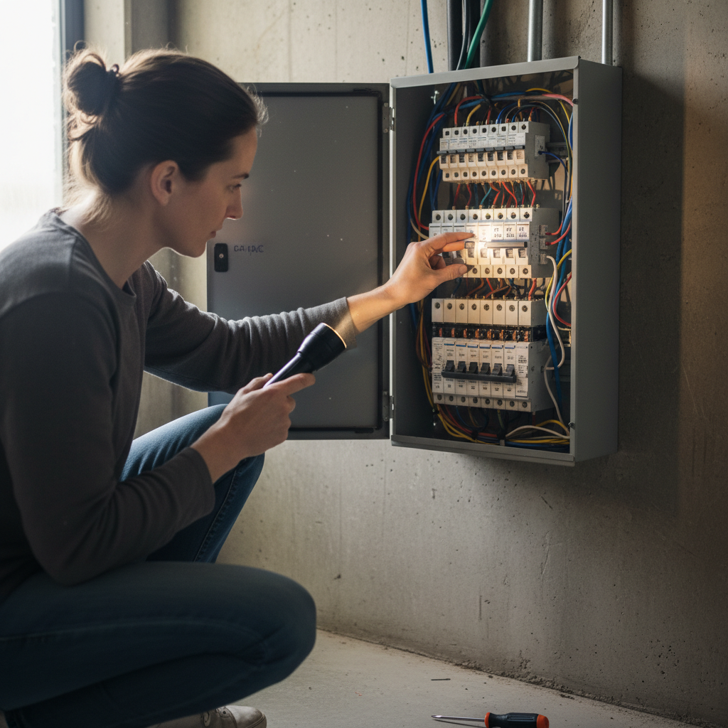 Homeowner checking and resetting a tripped AC circuit breaker in an electrical panel.