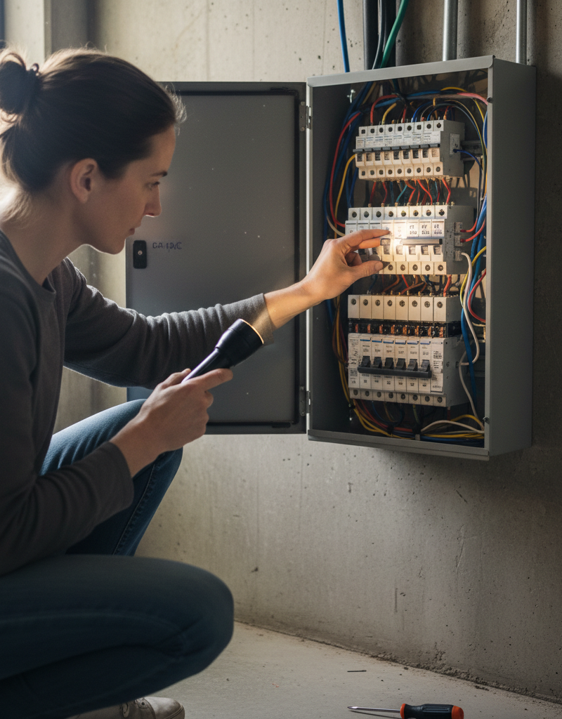 Homeowner checking and resetting a tripped AC circuit breaker in an electrical panel.