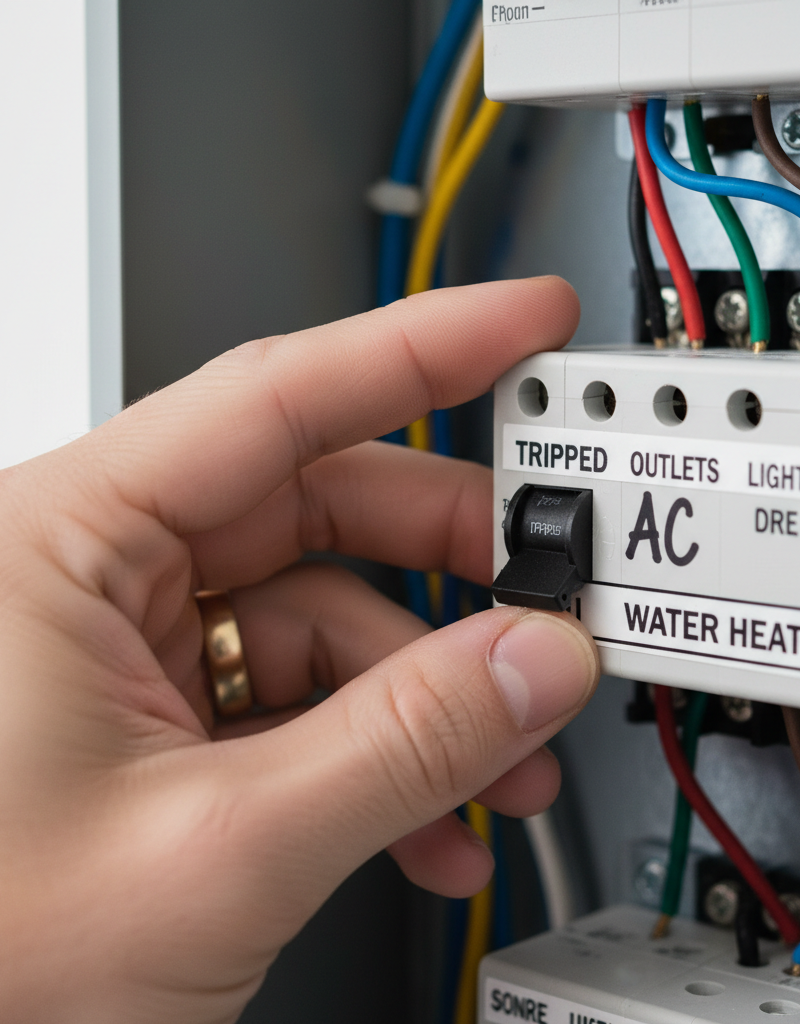 Homeowner checking a tripped circuit breaker for their air conditioner