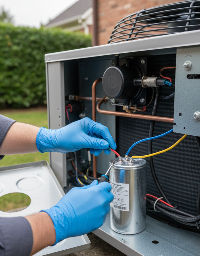 Homeowner replacing a dual-run AC capacitor in an outdoor condenser unit with safety gloves.