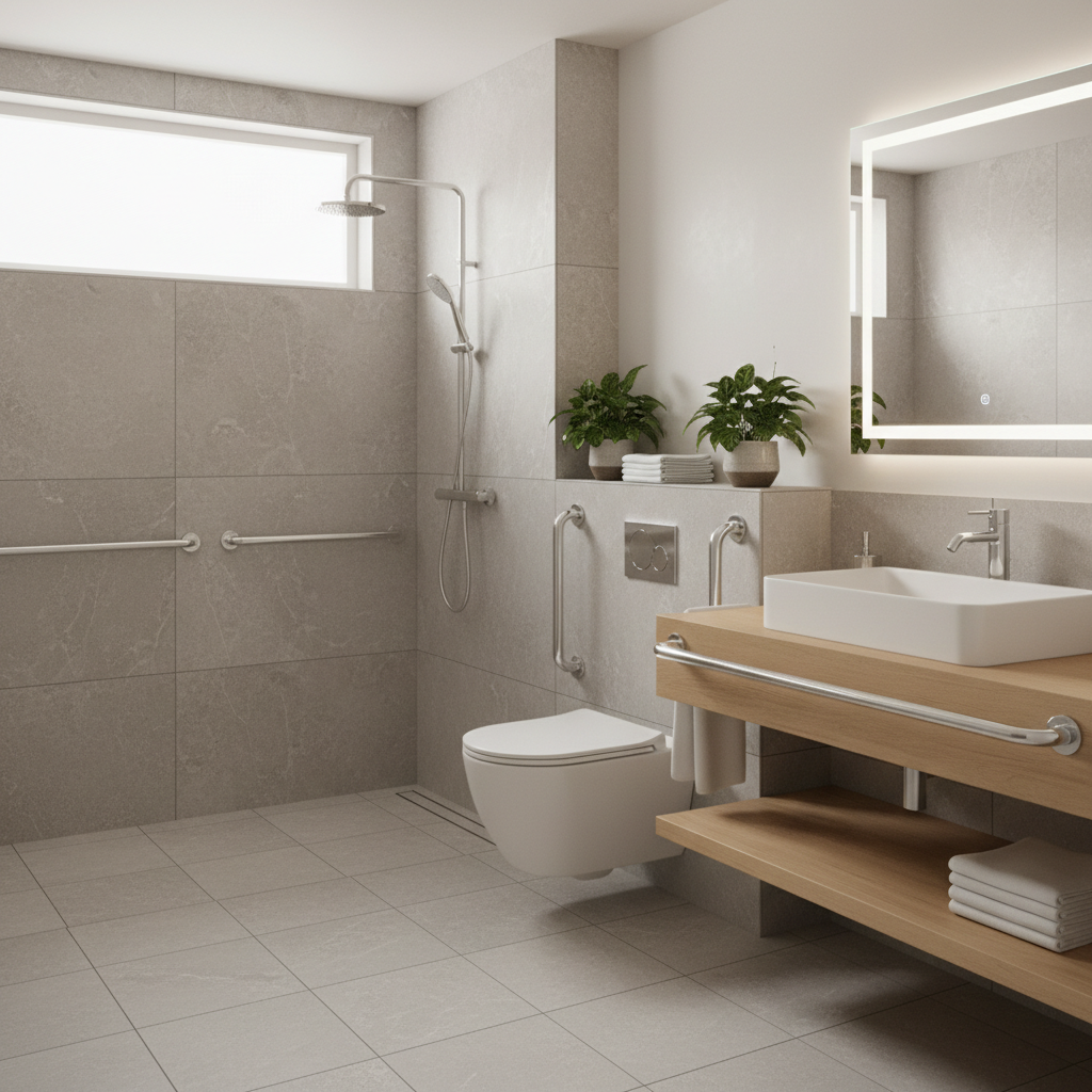 Modern accessible bathroom with curbless shower and floating vanity