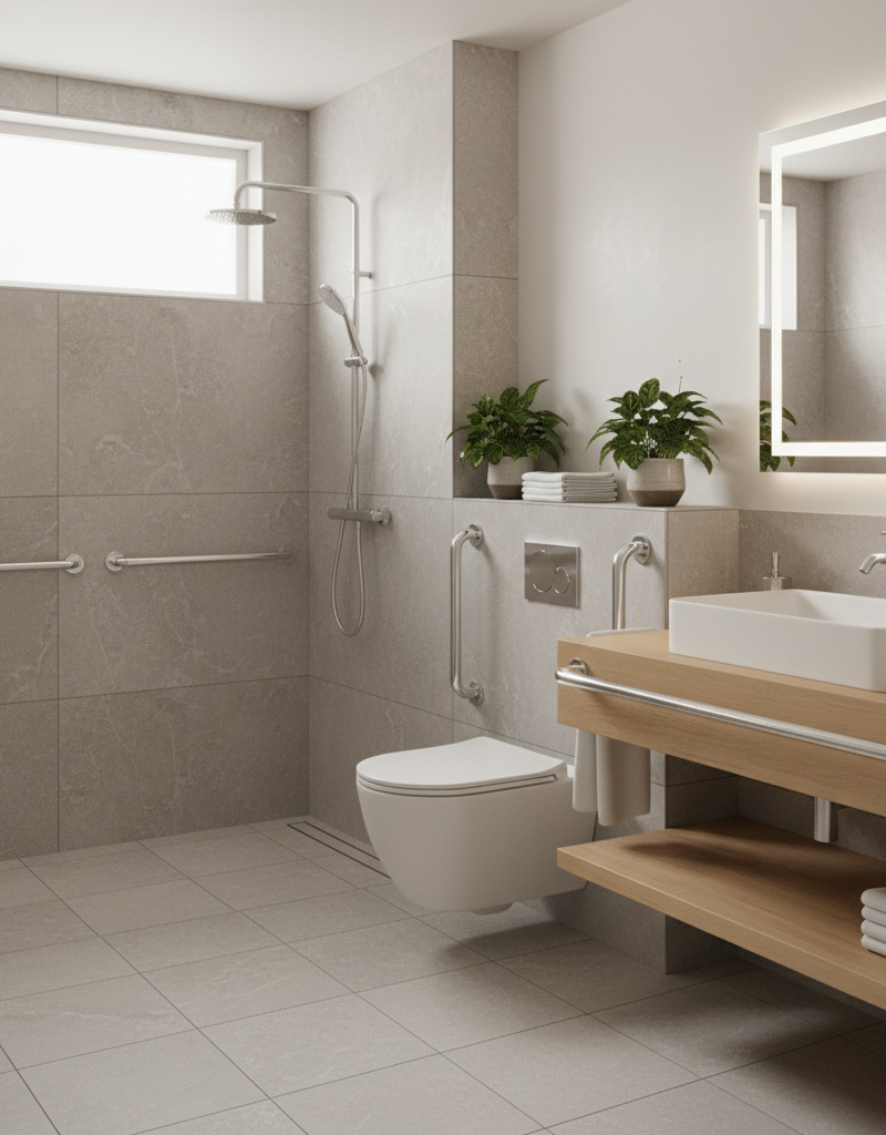 Modern accessible bathroom with curbless shower and floating vanity