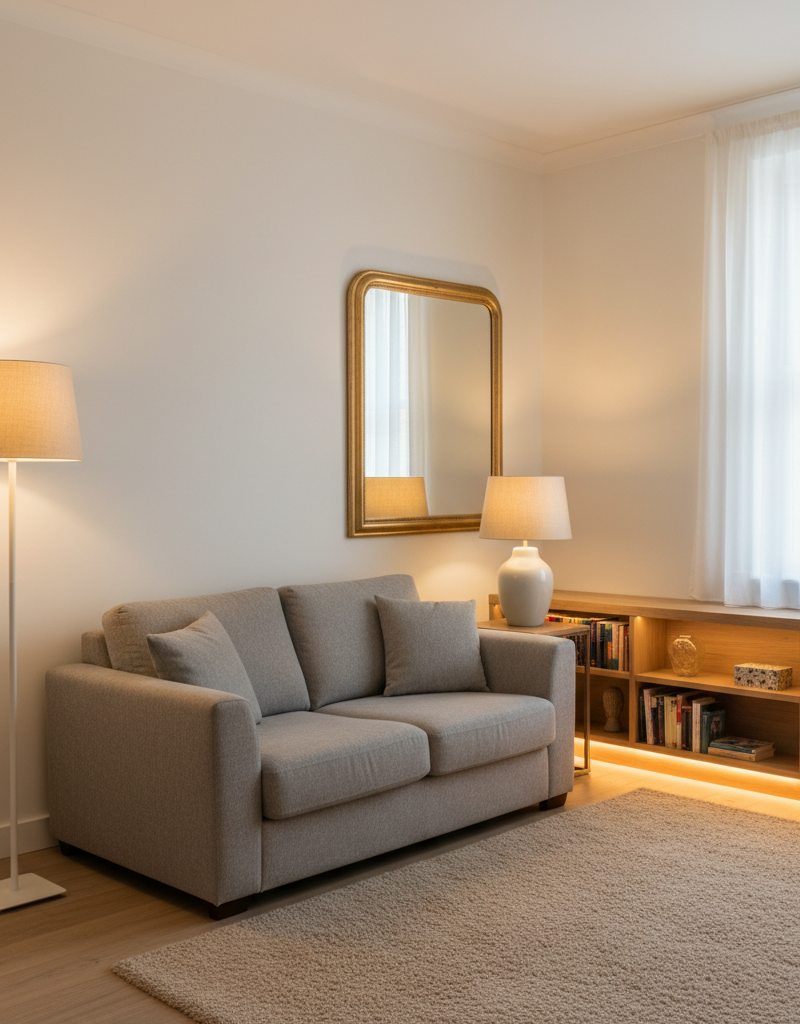 Cozy living room made bright with strategic floor lamps, table lamps, LED strips, and a large mirror reflecting natural light.