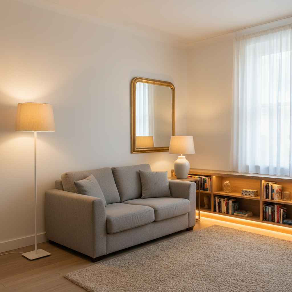 Cozy living room made bright with strategic floor lamps, table lamps, LED strips, and a large mirror reflecting natural light.