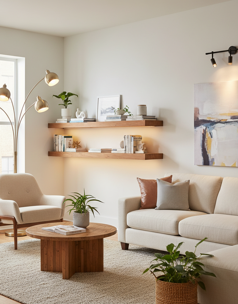 Bright living room showing multi-head floor lamp, LED strip lights, and plug-in track lighting illuminating a dark corner.
