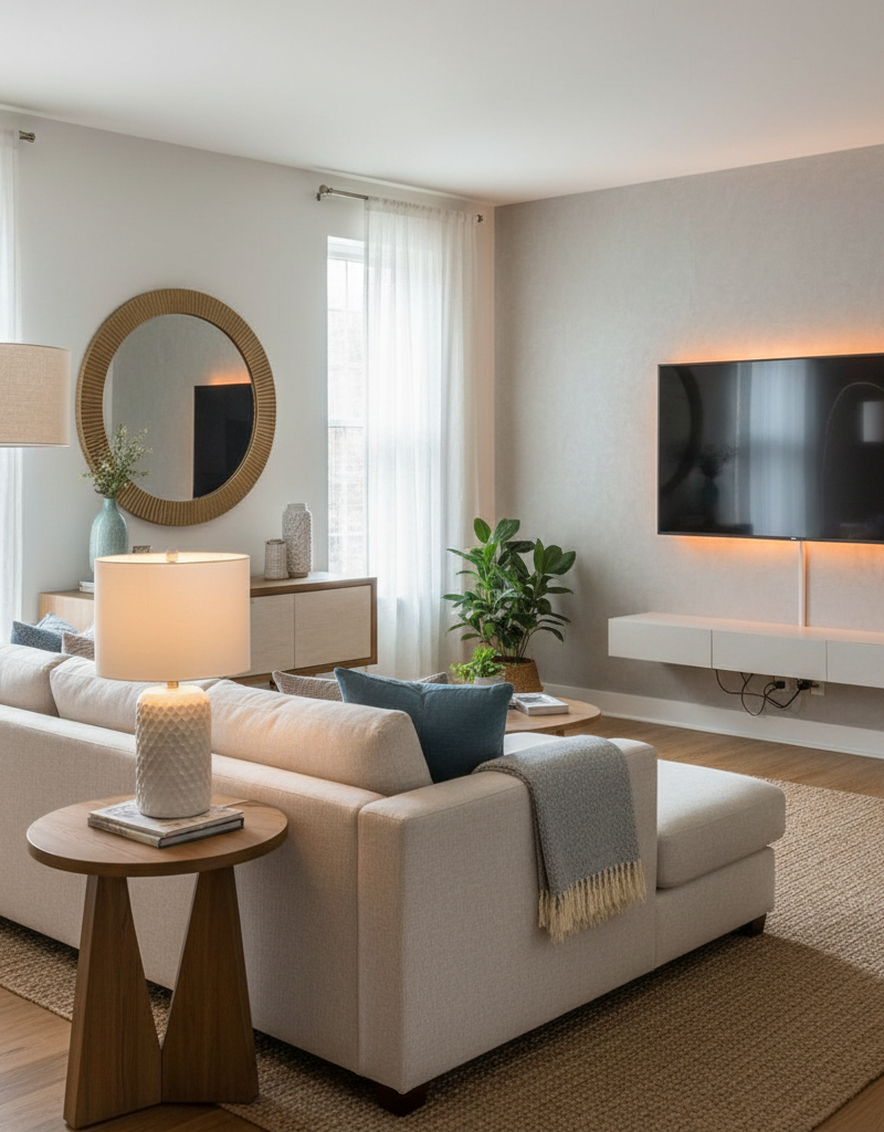 A cozy, well-lit living room featuring multiple non-wired lighting solutions, including floor lamps, table lamps, and reflective mirrors.