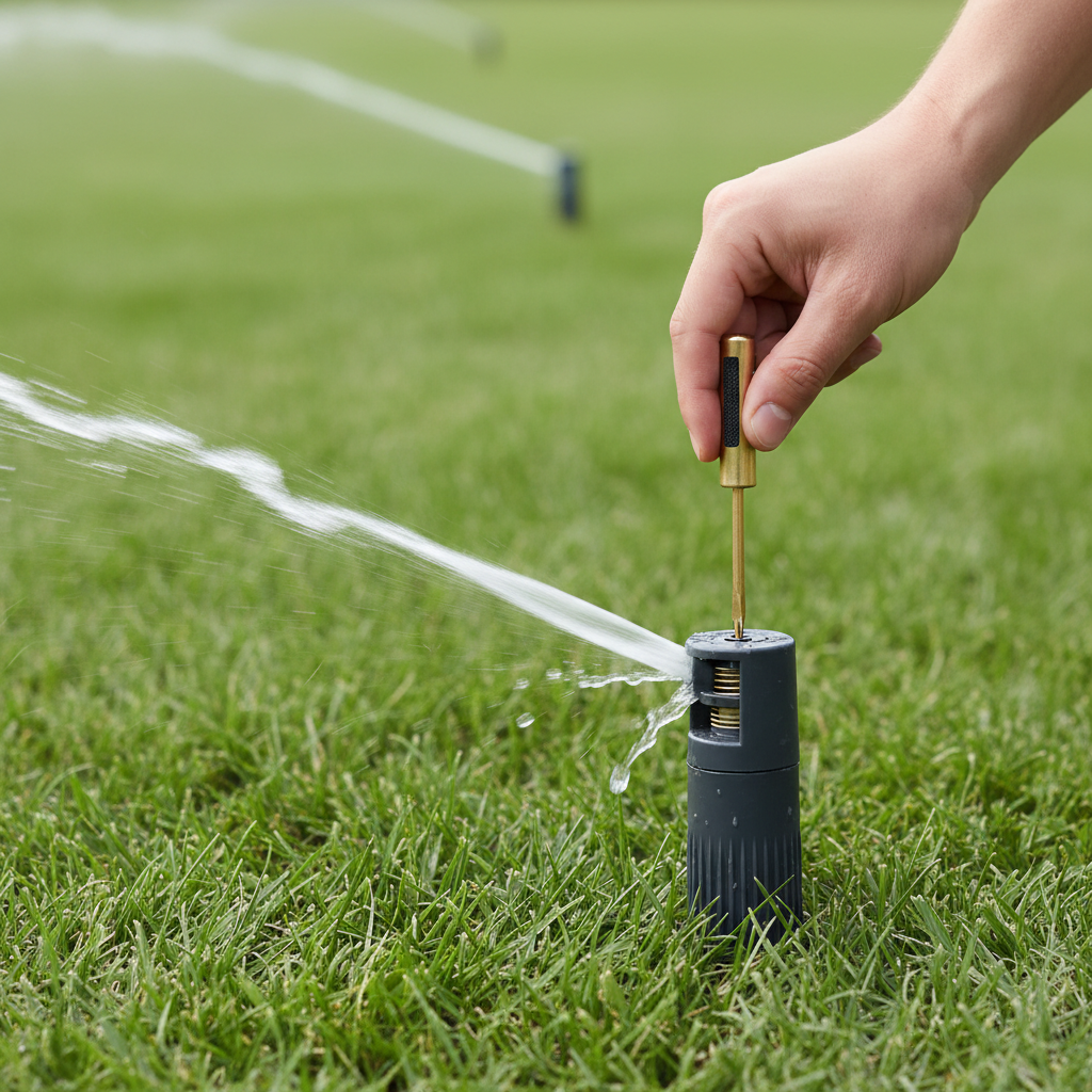 Hand adjusting a pop-up rotor sprinkler head with a screwdriver to modify spray pattern