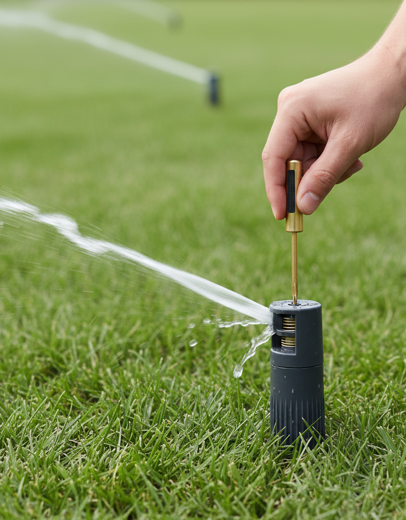 Hand adjusting a pop-up rotor sprinkler head with a screwdriver to modify spray pattern