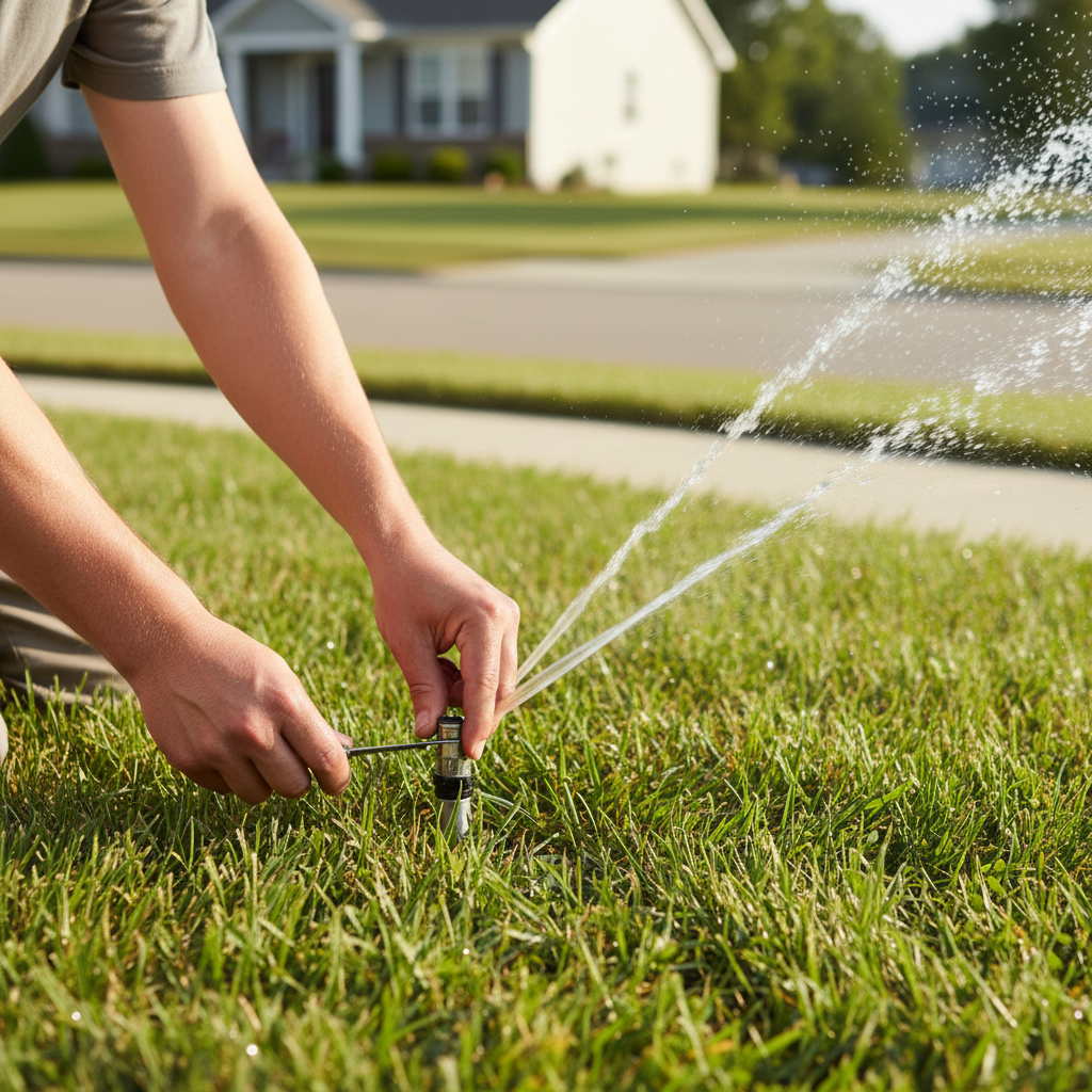 Homeowner adjusting a pop-up sprinkler head with a screwdriver, water spraying slightly onto a sidewalk.