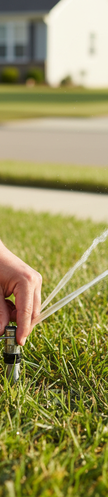 Homeowner adjusting a pop-up sprinkler head with a screwdriver, water spraying slightly onto a sidewalk.