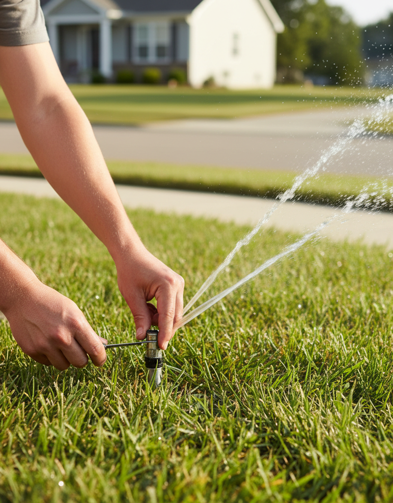 Homeowner adjusting a pop-up sprinkler head with a screwdriver, water spraying slightly onto a sidewalk.