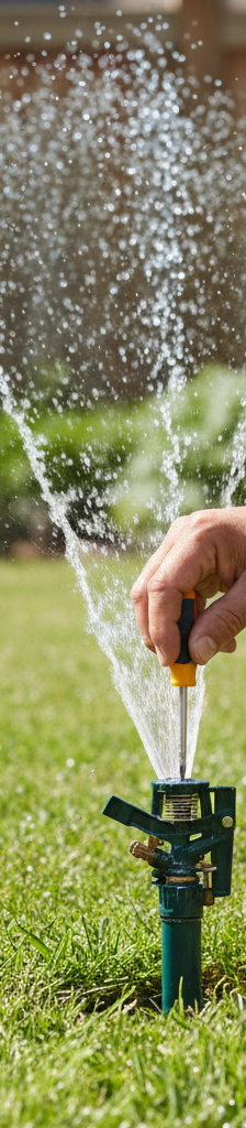 Hand of a homeowner adjusting a pop-up sprinkler head with a screwdriver on a green lawn
