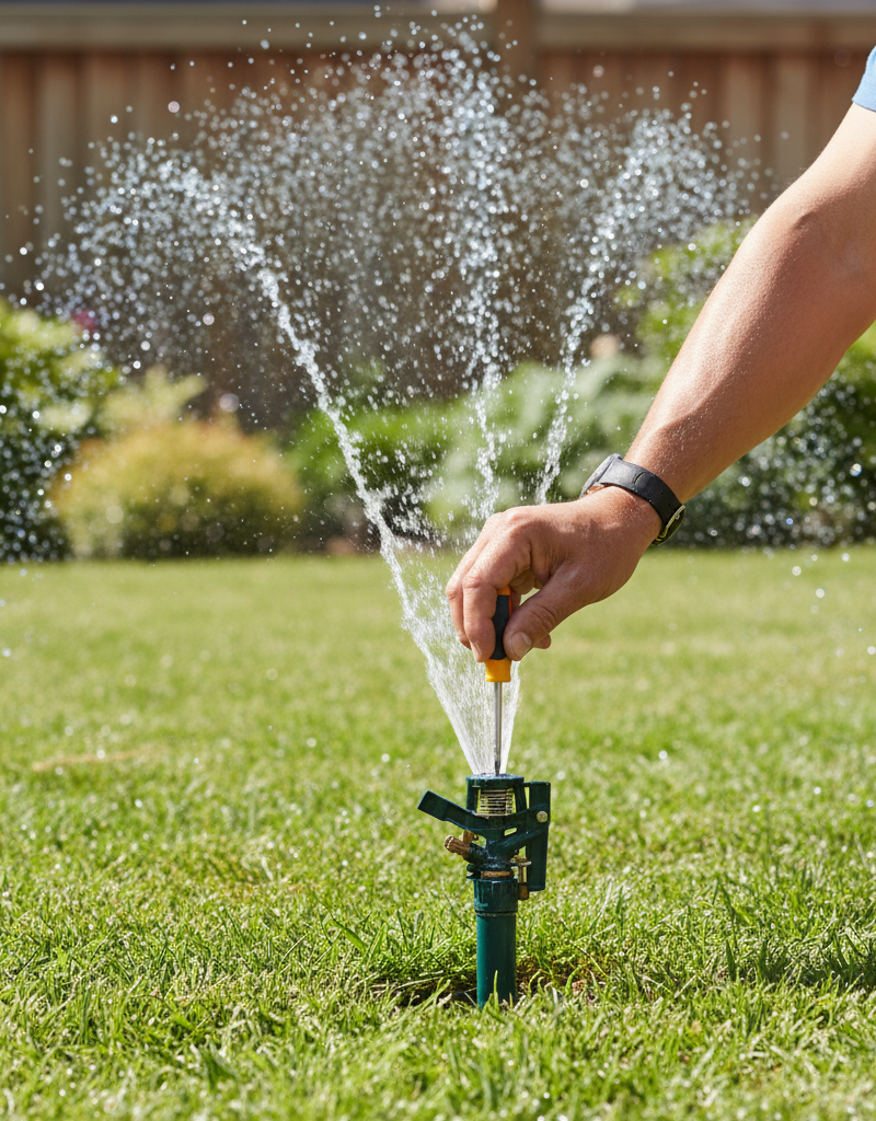 Hand of a homeowner adjusting a pop-up sprinkler head with a screwdriver on a green lawn