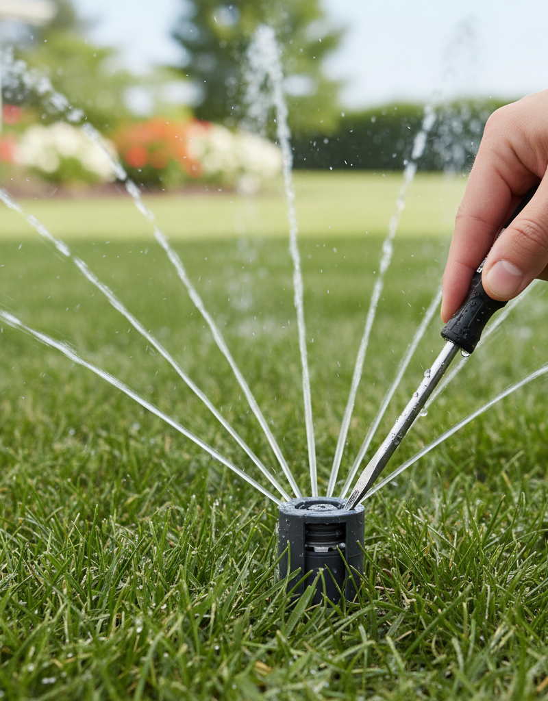 Hand adjusting a pop-up sprinkler head with a screwdriver in a green lawn.