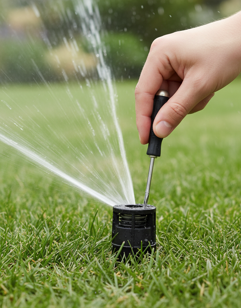 Close-up of a hand adjusting a sprinkler rotor head with a flat-head screwdriver.
