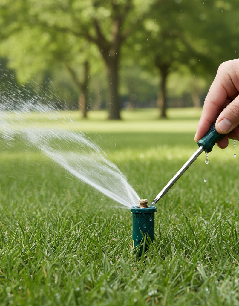 Hand adjusting a pop-up sprinkler head with a screwdriver, water spraying.