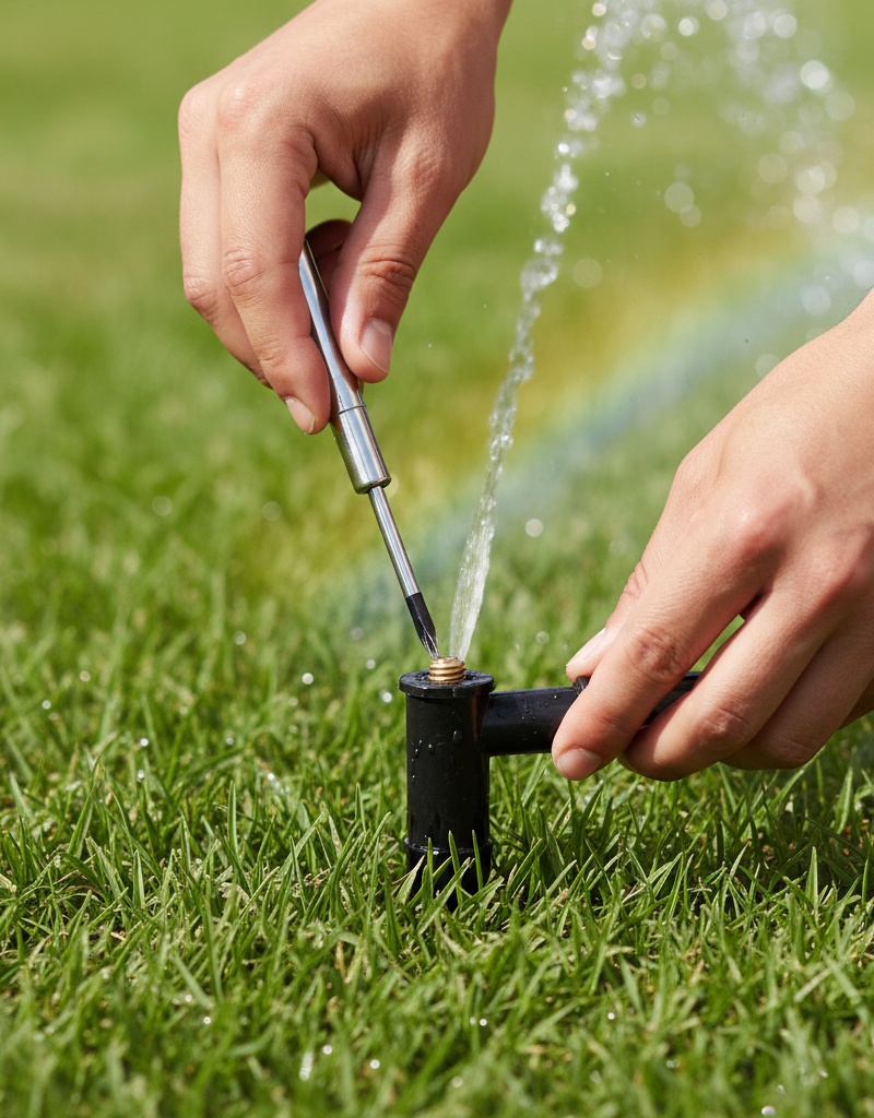 Hands adjusting a pop-up sprinkler head with a screwdriver to fix its spray pattern.