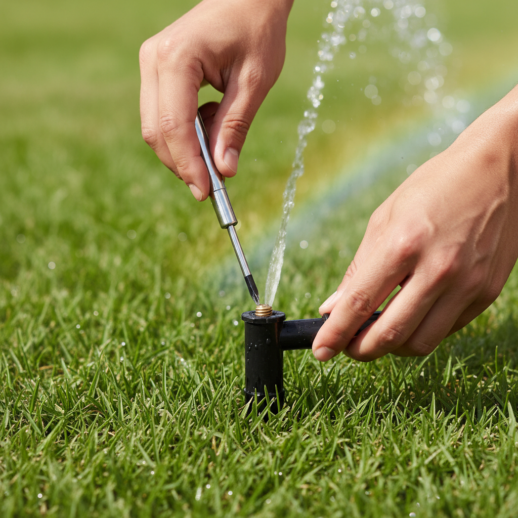 Hands adjusting a pop-up sprinkler head with a screwdriver to fix its spray pattern.